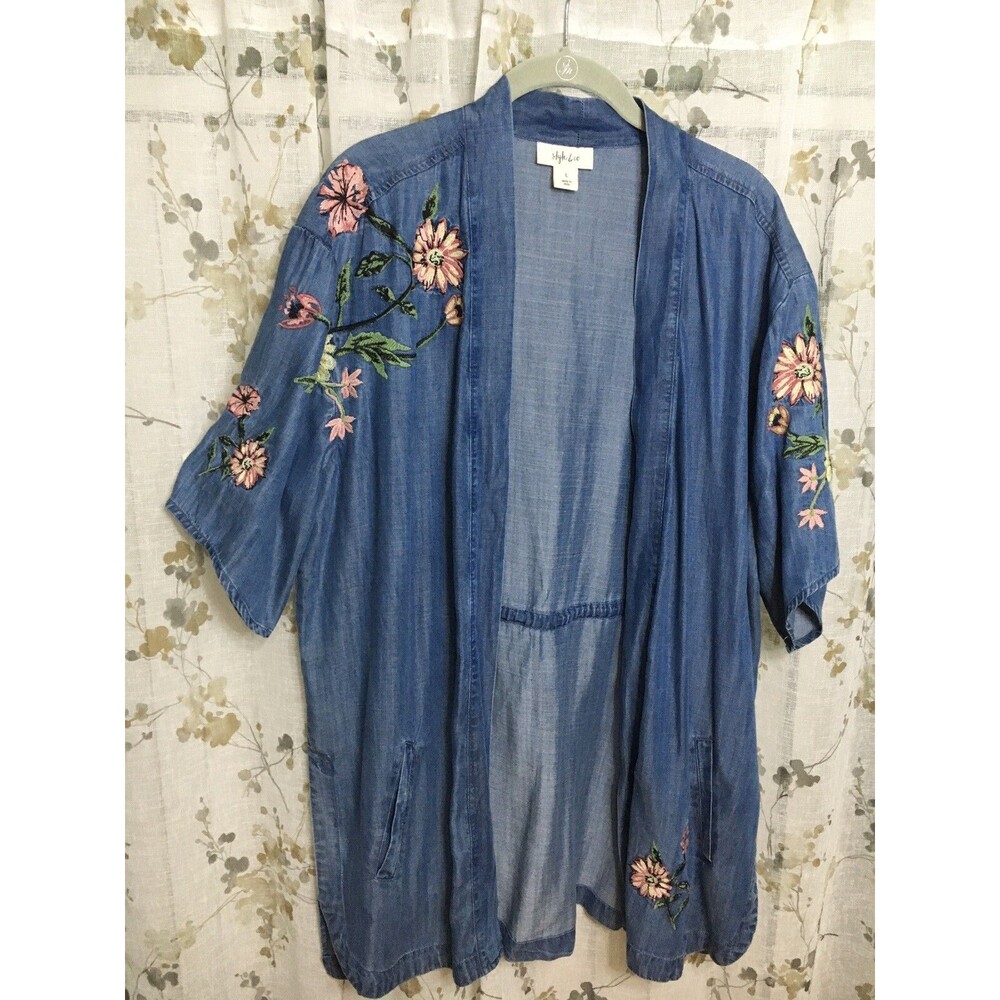 Style & Co Embroidered Chambray Kimono L Open Front  Boho Cottagecore Festival - Picture 6 of 16